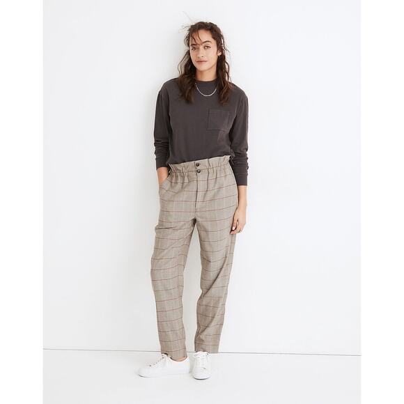 Madewell Brown Glen Plaid Paperbag Tapered Pants Size 12 Festival High Rise - Picture 1 of 12